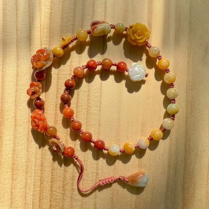 Handmade Jade Bracelet - Red & Yellow Gradient Rose - Double Strand Wrap Bracele