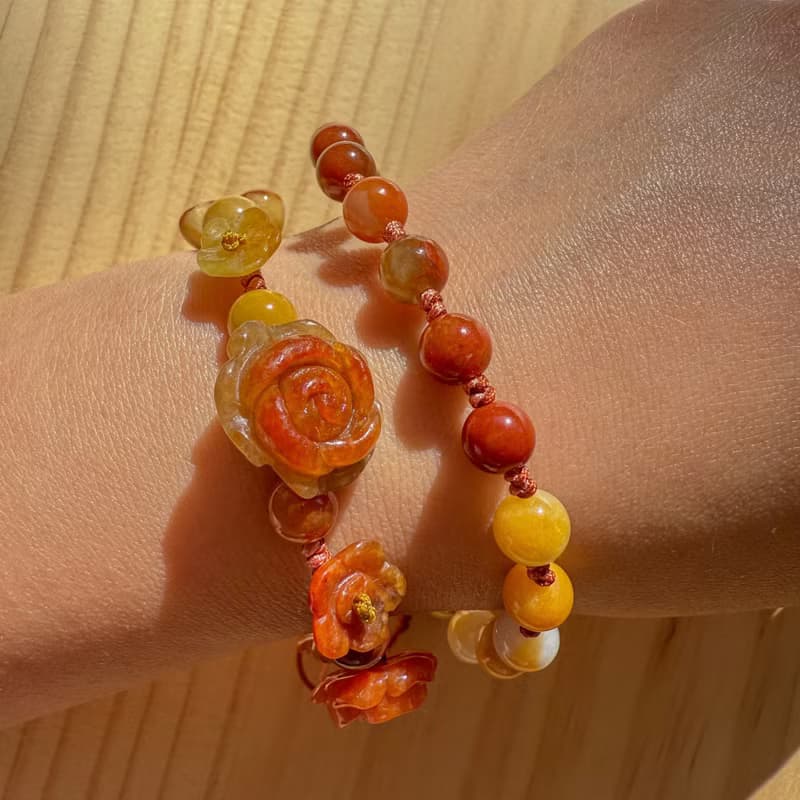 Handmade Jade Bracelet - Red & Yellow Gradient Rose - Double Strand Wrap Bracele