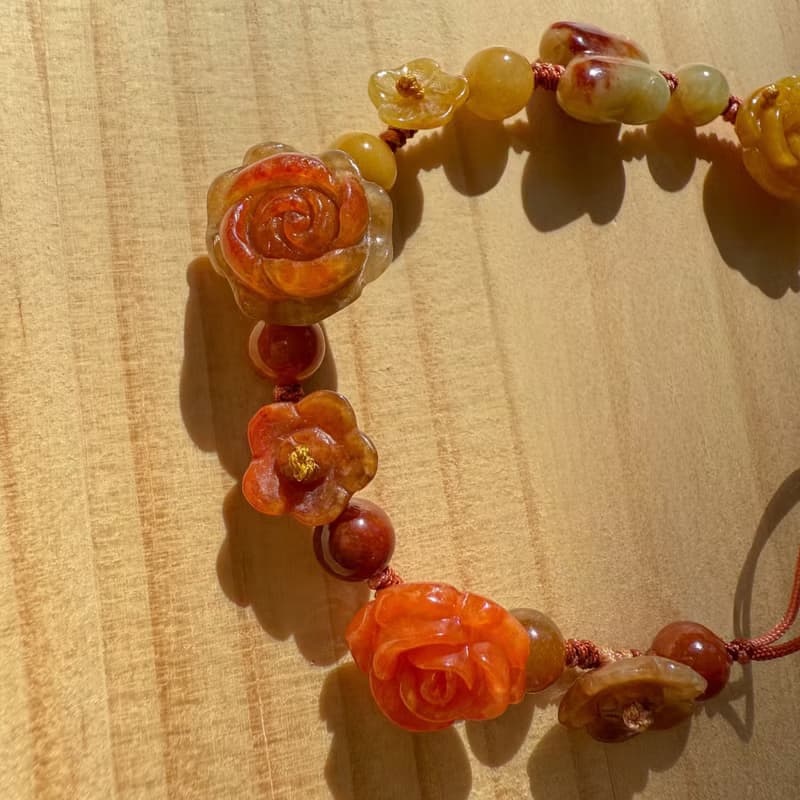 Handmade Jade Bracelet - Red & Yellow Gradient Rose - Double Strand Wrap Bracele