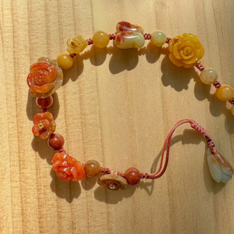 Handmade Jade Bracelet - Red & Yellow Gradient Rose - Double Strand Wrap Bracele