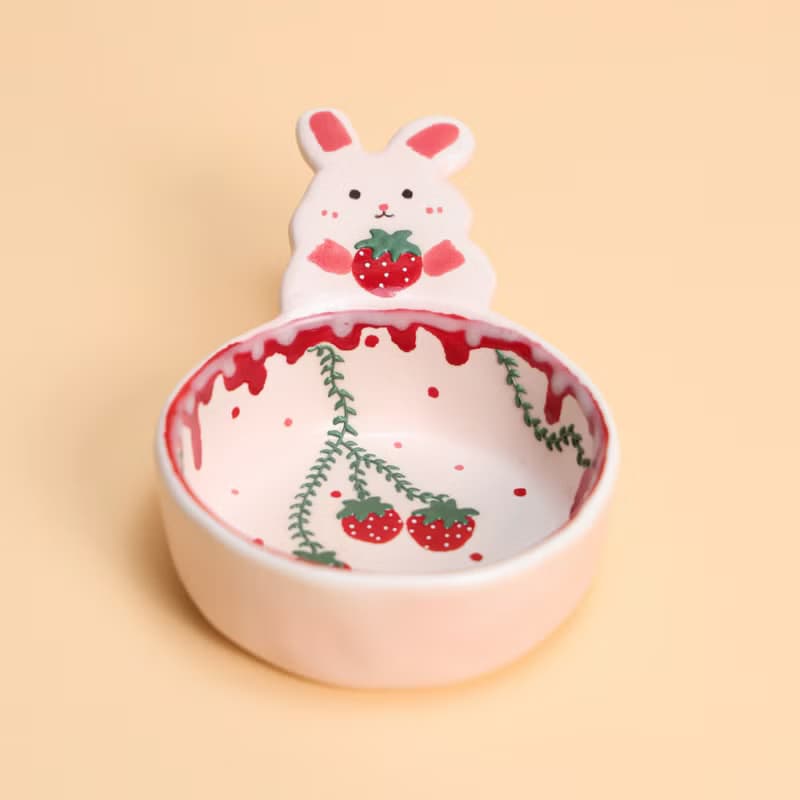 Strawberry Bunny Sauce Dish Coffee Scoop Handmade Ceramic Cute Bunny Mini Bowl