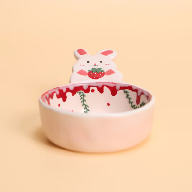 Strawberry Bunny Sauce Dish Coffee Scoop Handmade Ceramic Cute Bunny Mini Bowl