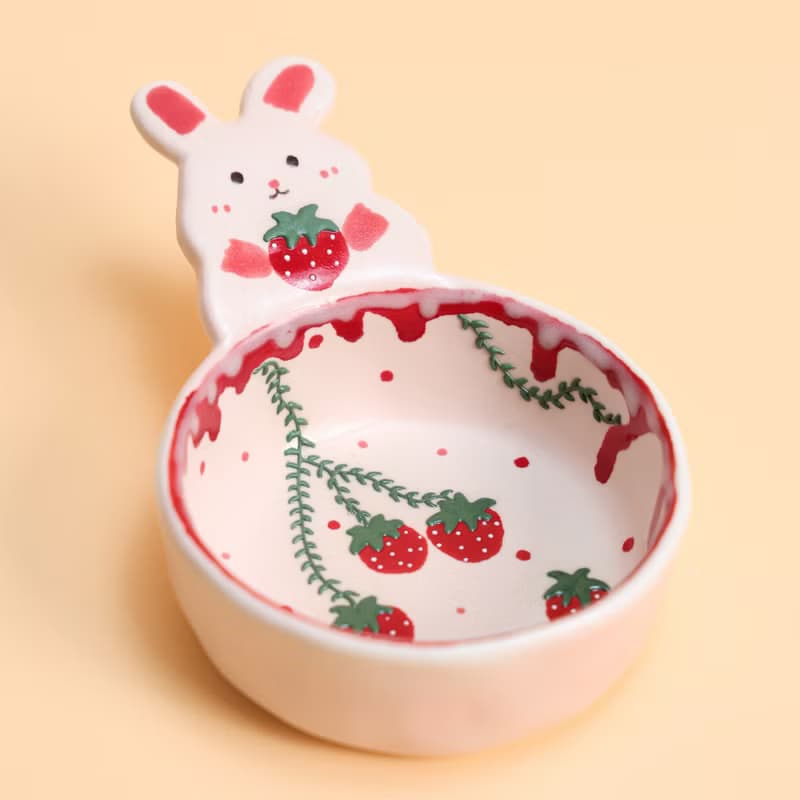 Strawberry Bunny Sauce Dish Coffee Scoop Handmade Ceramic Cute Bunny Mini Bowl