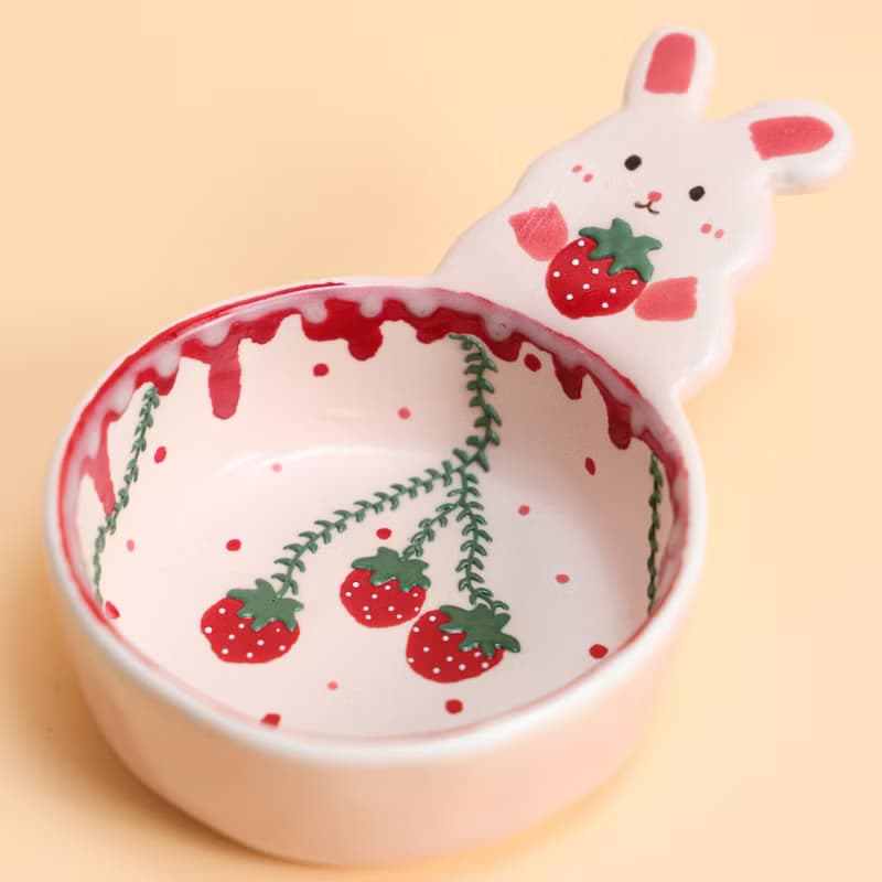 Strawberry Bunny Sauce Dish Coffee Scoop Handmade Ceramic Cute Bunny Mini Bowl