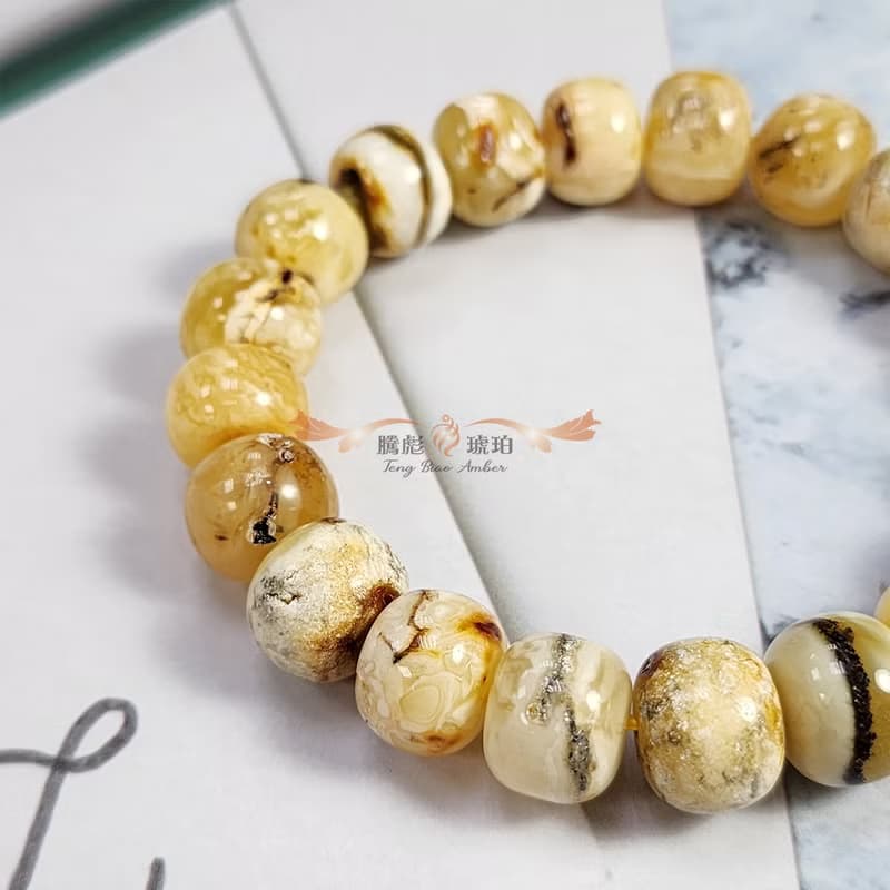 騰彪琥珀 天然琥珀蜜蠟 意象植物 白花蜜蠟 經典素色 單圈手鍊