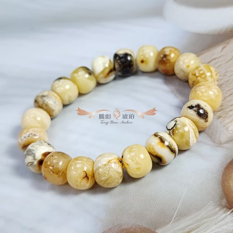 騰彪琥珀 天然琥珀蜜蠟 意象植物 白花蜜蠟 經典素色 單圈手鍊