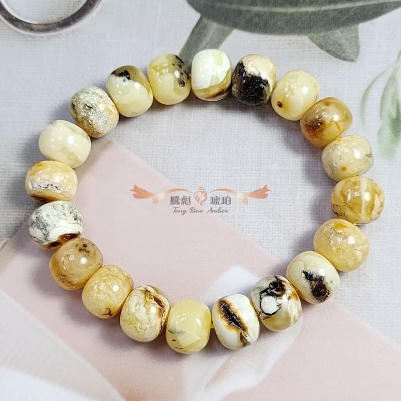 騰彪琥珀 天然琥珀蜜蠟 意象植物 白花蜜蠟 經典素色 單圈手鍊