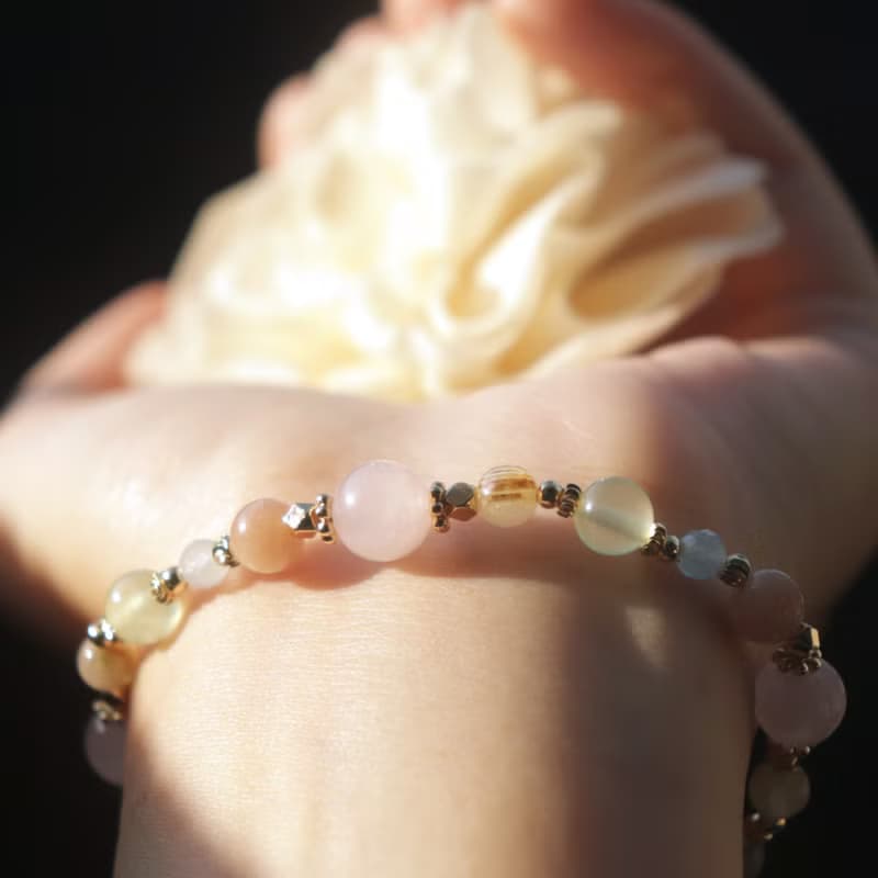 粉晶-太陽石-海藍寶-葡萄石-鈦晶-招財-水晶手鍊