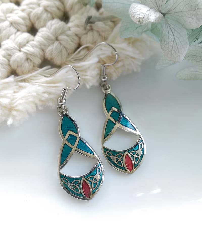 Vintage Jewelry 西洋古董飾品 景泰藍 湖水綠流紋 耳勾 針式耳環
