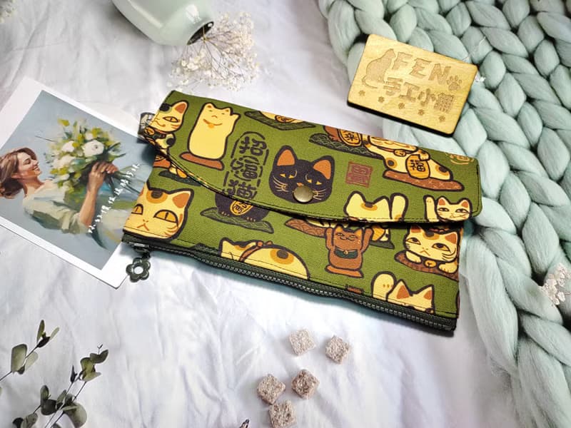 日本限量款妖怪厭世招財貓拉鍊布紅包袋-下方拉鍊紅包袋-手作