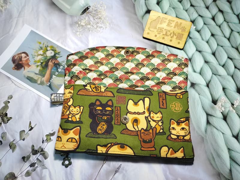 日本限量款妖怪厭世招財貓拉鍊布紅包袋-下方拉鍊紅包袋-手作