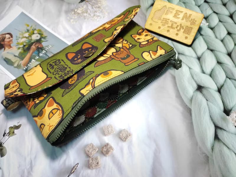 日本限量款妖怪厭世招財貓拉鍊布紅包袋-下方拉鍊紅包袋-手作