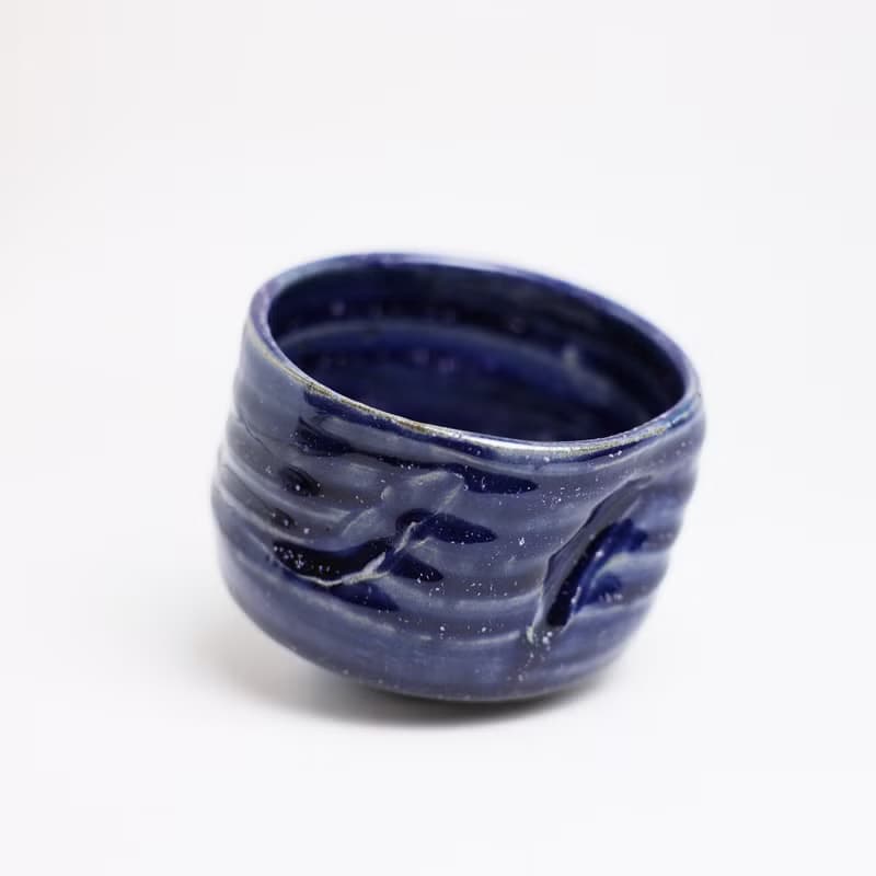 明芽窯 l 柴燒灰藍造型茶碗 藍 茶具 陶器 陶藝品 蒐藏品 H6
