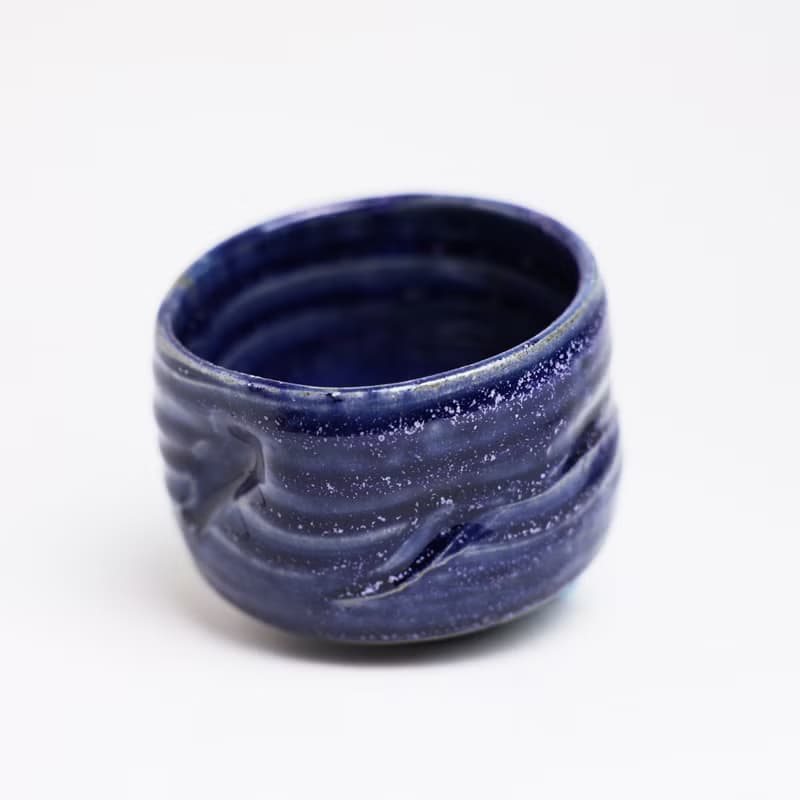 明芽窯 l 柴燒灰藍造型茶碗 藍 茶具 陶器 陶藝品 蒐藏品 H6
