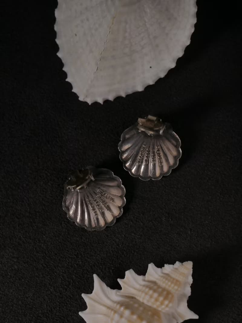 1950s 英國 近代老件 粉色琺瑯玻璃珍珠貝殼純銀耳夾胸針套組