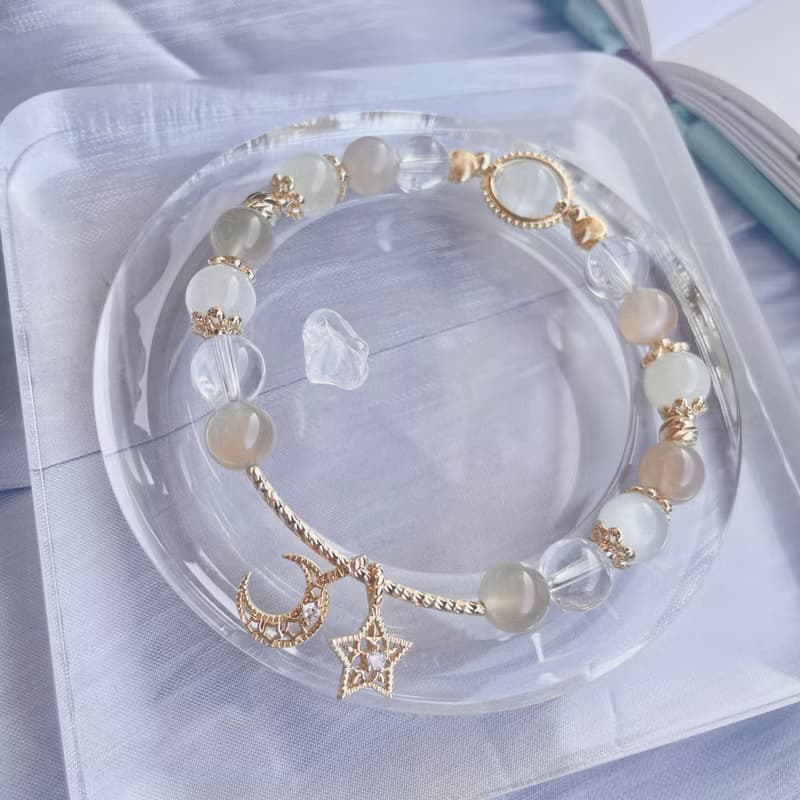 謐靜 月色真美 白月光石橙月光石系列14K包金水晶手鍊設計款