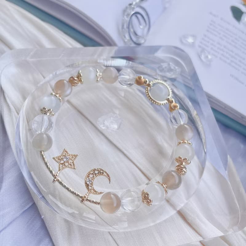 謐靜 月色真美 白月光石橙月光石系列14K包金水晶手鍊設計款