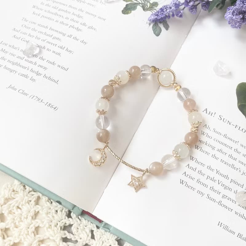 謐靜 月色真美 白月光石橙月光石系列14K包金水晶手鍊設計款