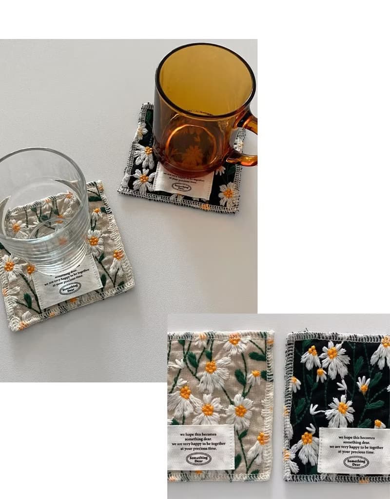 Embroidered Floral Cotton Coaster – Double-sided | Beige / Black
