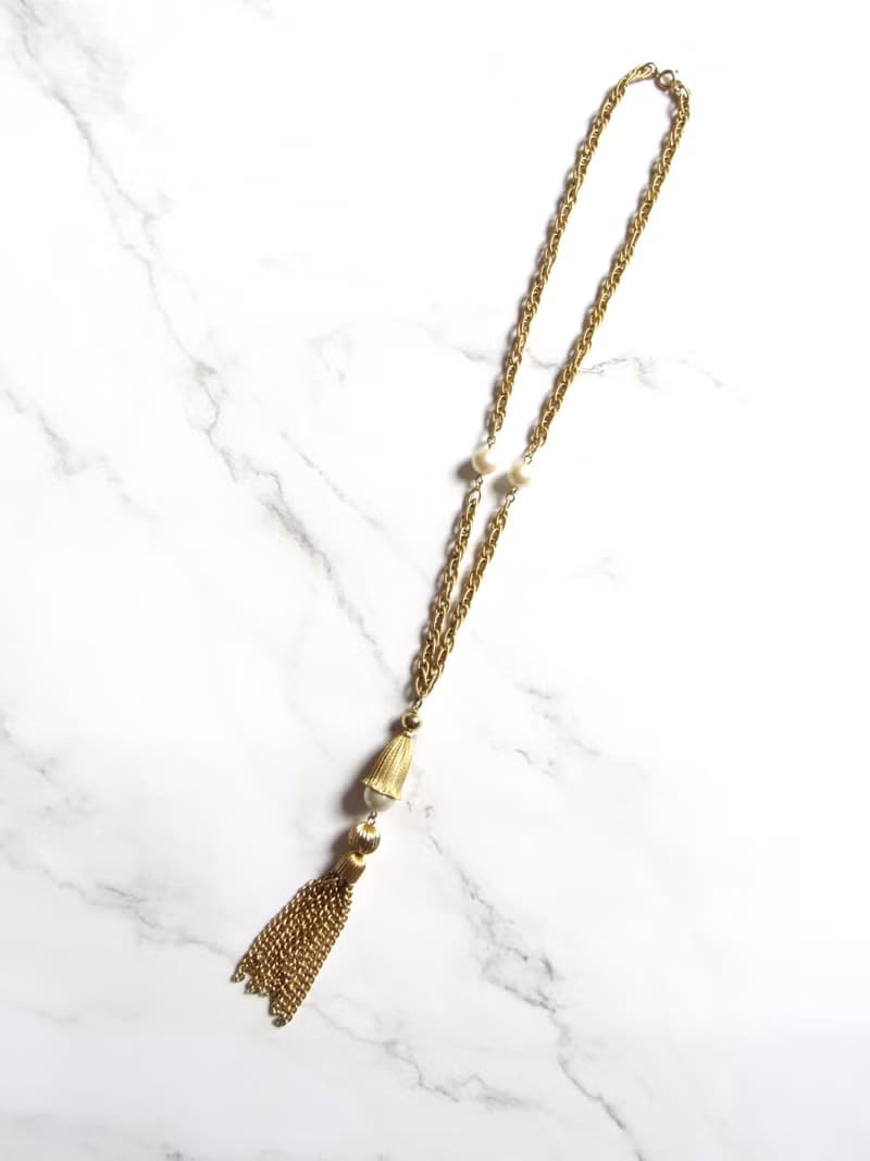 Vintage Pearl Gold Tassel Long Necklace