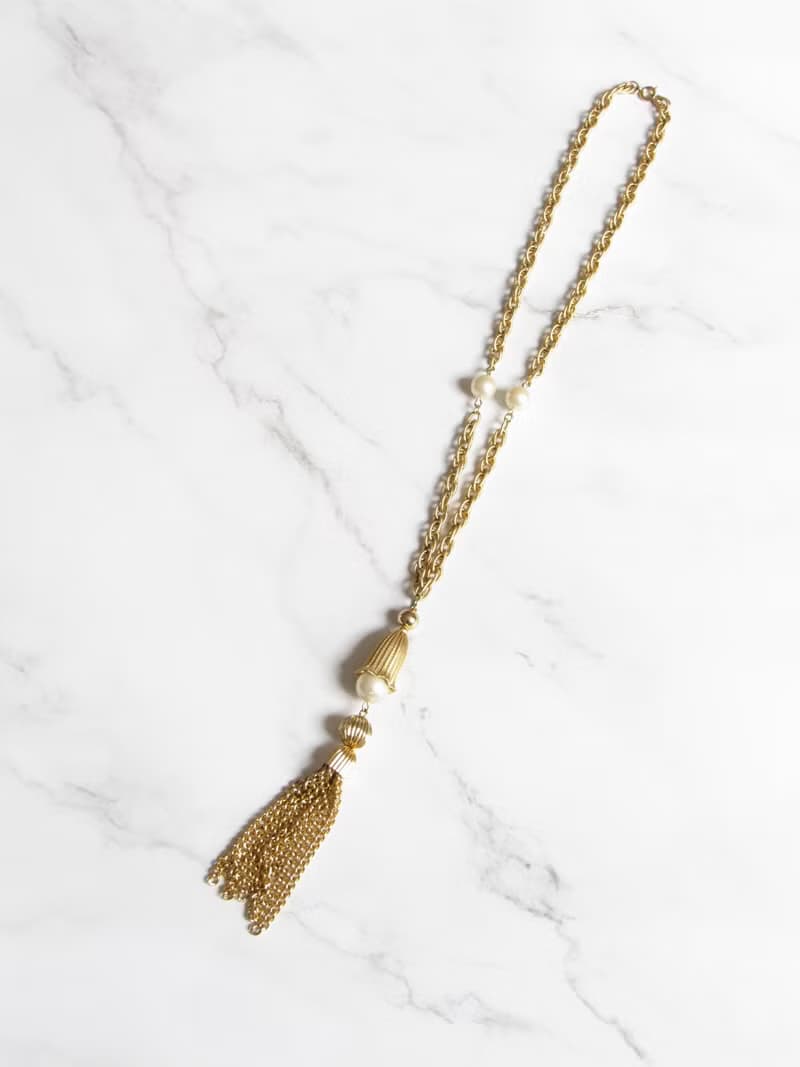 Vintage Pearl Gold Tassel Long Necklace