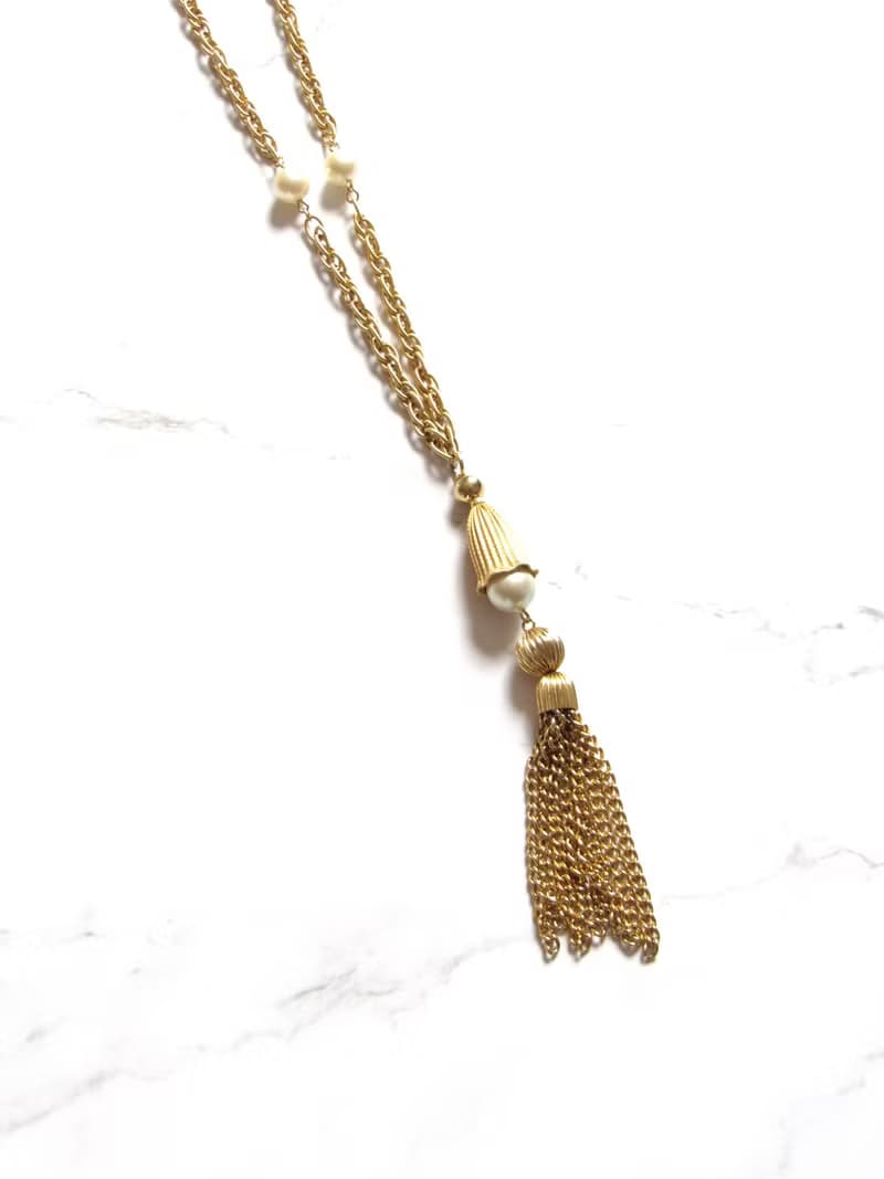 Vintage Pearl Gold Tassel Long Necklace