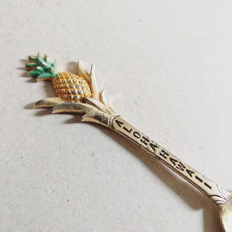 美國古董老物 Aloha Hawaii 夏威夷鳳梨造型 金色紀念茶湯匙