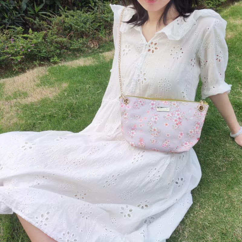 櫻花粉紫可調節長短鏈條帆布斜背包/餃子包/單肩包