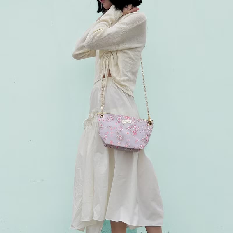 櫻花粉紫可調節長短鏈條帆布斜背包/餃子包/單肩包