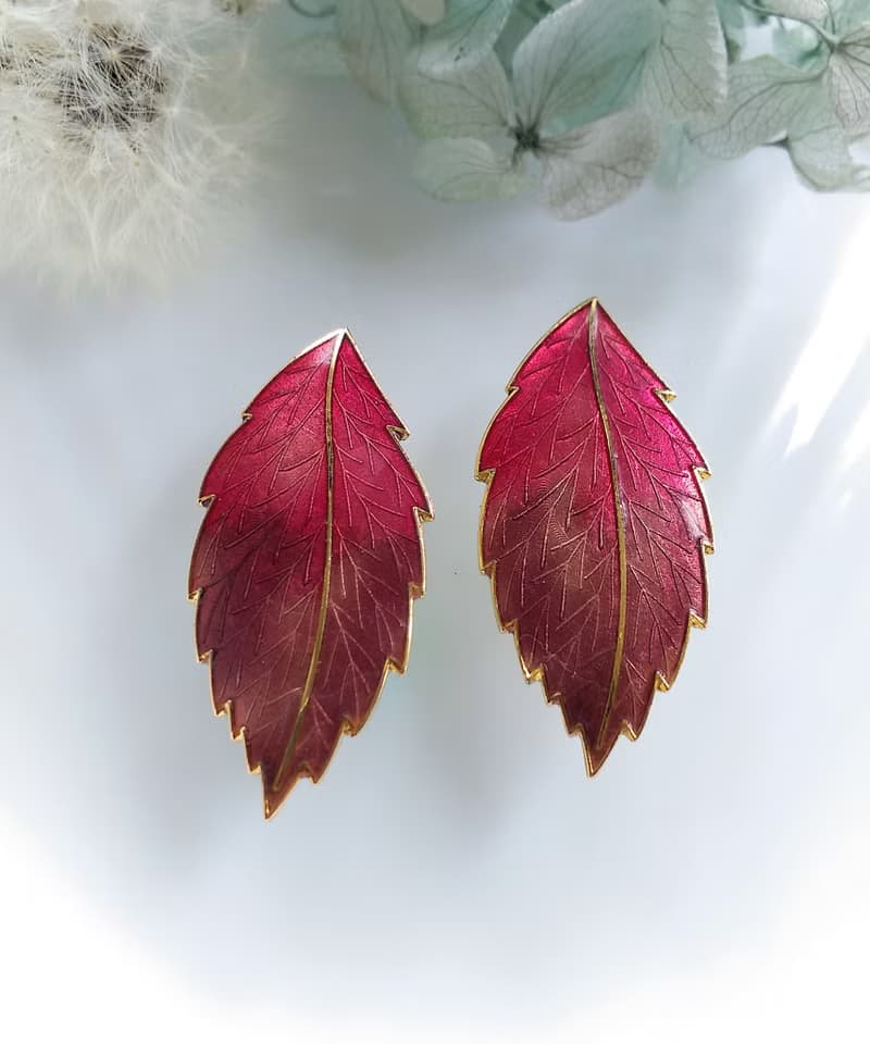 Vintage Jewelry 西洋古董飾品 紅色調 葉子 針式耳環