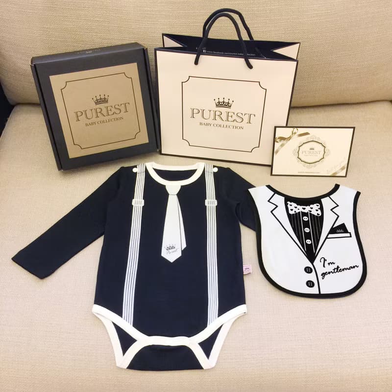 PUREST 小紳士 長袖領帶衣+西裝兜 寶寶彌月 嬰兒 新生兒禮盒組