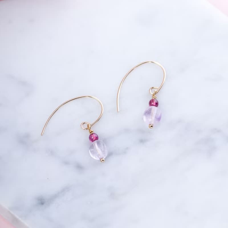 紫牙烏薰衣草紫水晶14KGF耳環 | 925純銀 | 天然水晶耳勾耳夾耳環