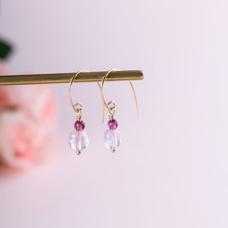 紫牙烏薰衣草紫水晶14KGF耳環 | 925純銀 | 天然水晶耳勾耳夾耳環