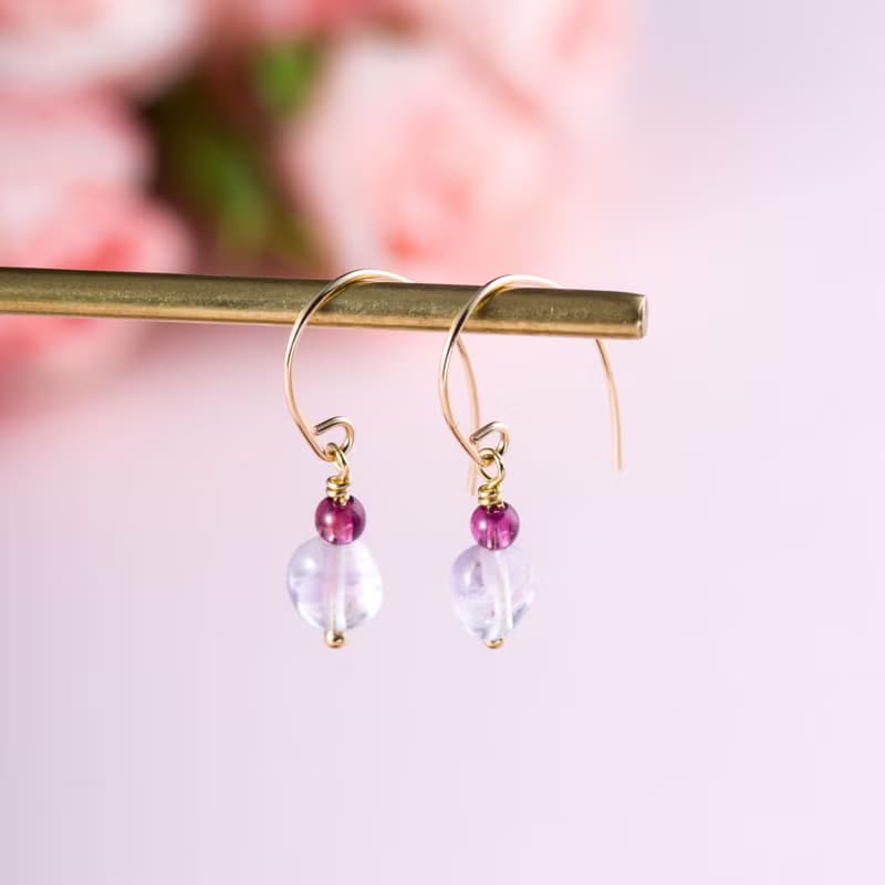 紫牙烏薰衣草紫水晶14KGF耳環 | 925純銀 | 天然水晶耳勾耳夾耳環
