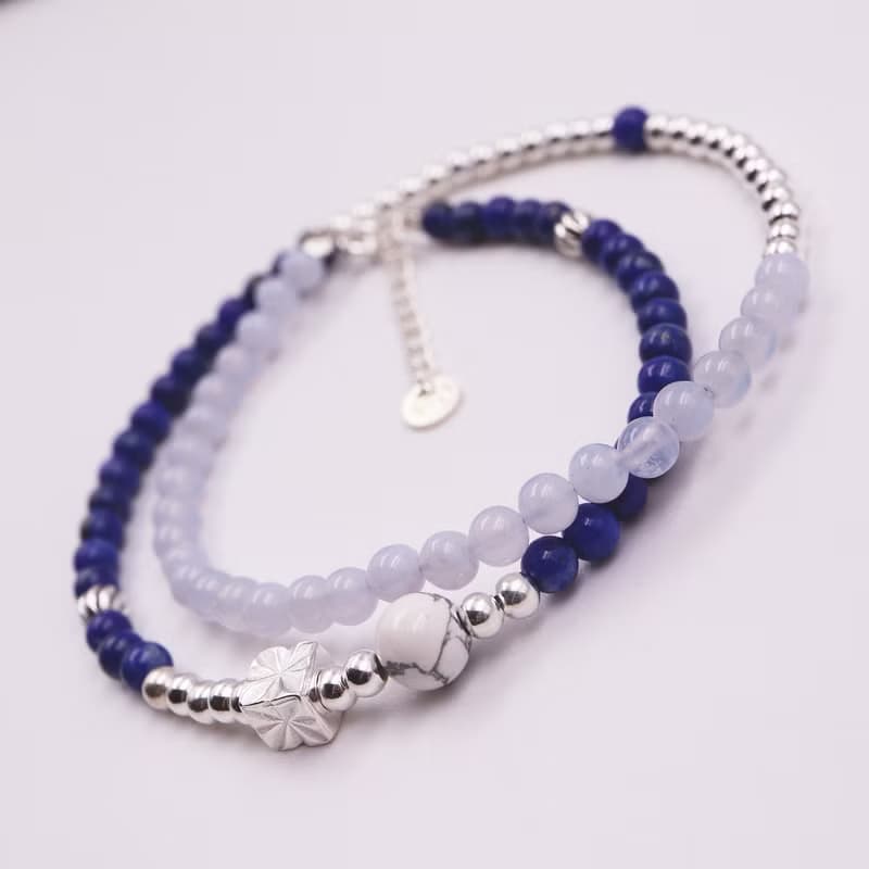 極細簡約系列-青金石*藍紋瑪瑙*白紋石/純銀雙圈手鍊/手珠