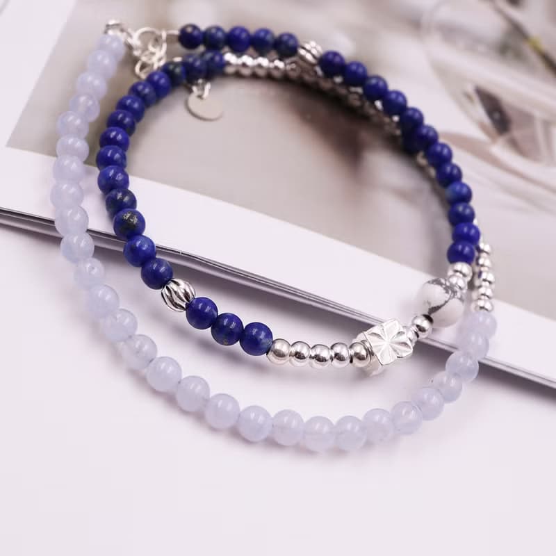極細簡約系列-青金石*藍紋瑪瑙*白紋石/純銀雙圈手鍊/手珠