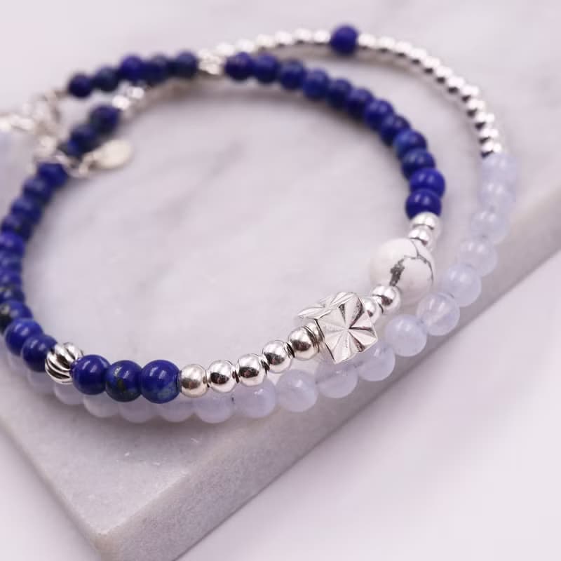 極細簡約系列-青金石*藍紋瑪瑙*白紋石/純銀雙圈手鍊/手珠