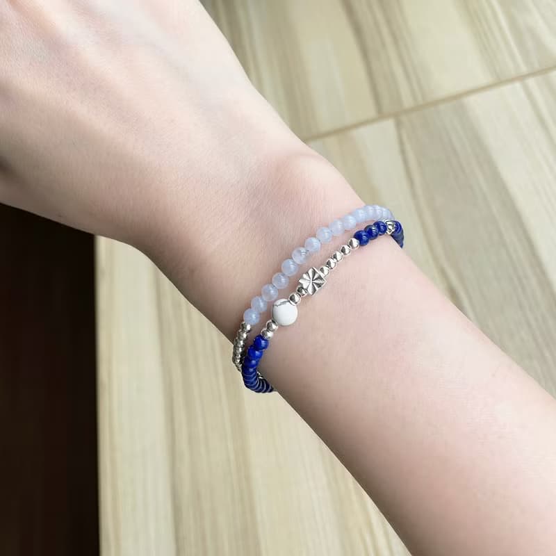 極細簡約系列-青金石*藍紋瑪瑙*白紋石/純銀雙圈手鍊/手珠