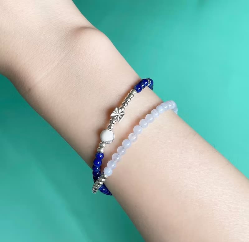 極細簡約系列-青金石*藍紋瑪瑙*白紋石/純銀雙圈手鍊/手珠