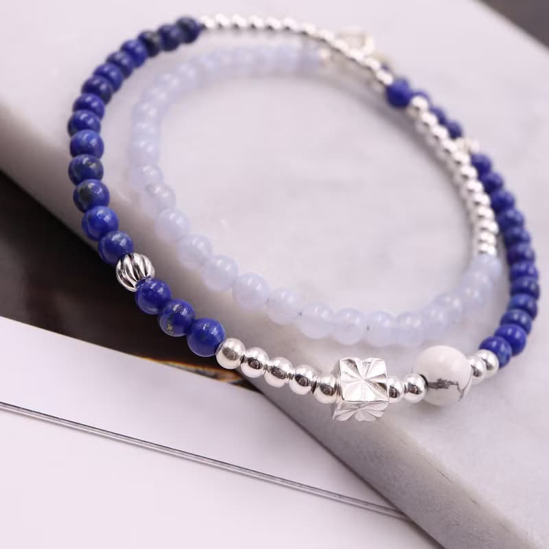 極細簡約系列-青金石*藍紋瑪瑙*白紋石/純銀雙圈手鍊/手珠