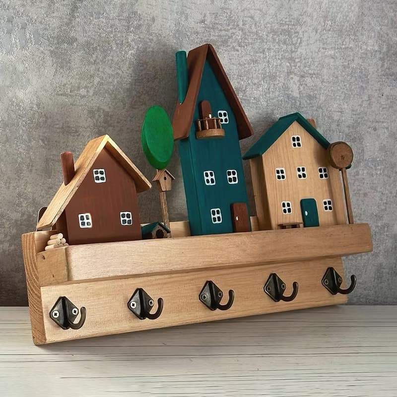 Wood Key Holder with 3 Houses Street 5 Hooks for Entryway Kitchen Office
