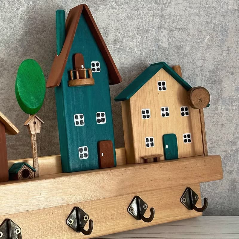 Wood Key Holder with 3 Houses Street 5 Hooks for Entryway Kitchen Office
