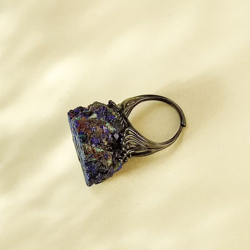 藍銅礦活口戒指 隨形原石標本 星光閃片手工指環 S925銀 意識靈性