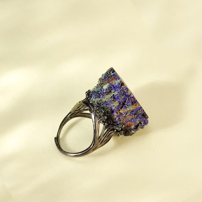 藍銅礦活口戒指 隨形原石標本 星光閃片手工指環 S925銀 意識靈性
