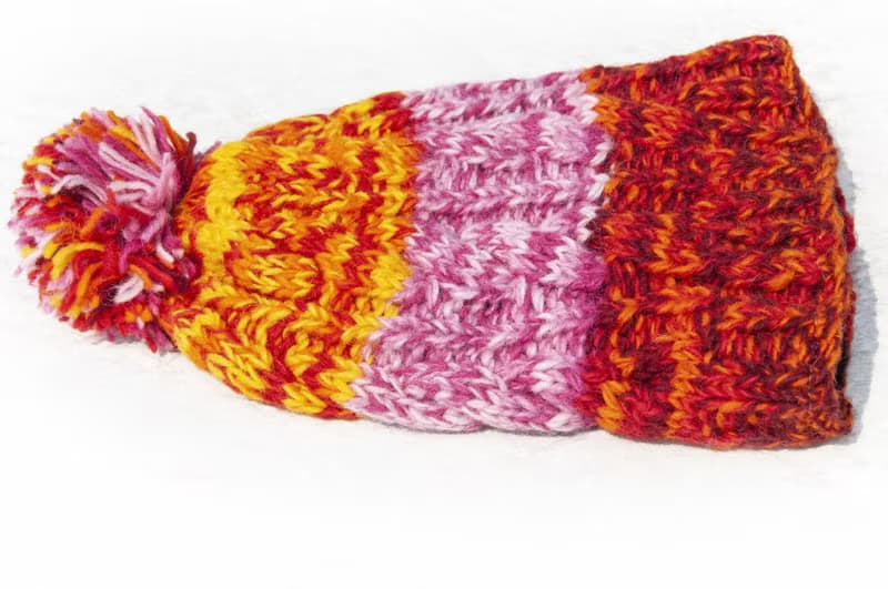 手工編織純羊毛帽/針織編織帽/內刷毛手織毛帽/毛線帽-葡萄牙撞色