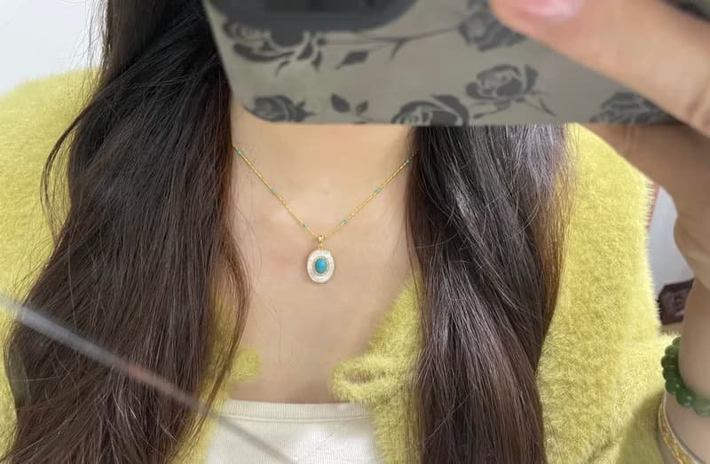 YuanPearl天然母貝鑲嵌綠松石設計項鍊18k包金材質項鍊