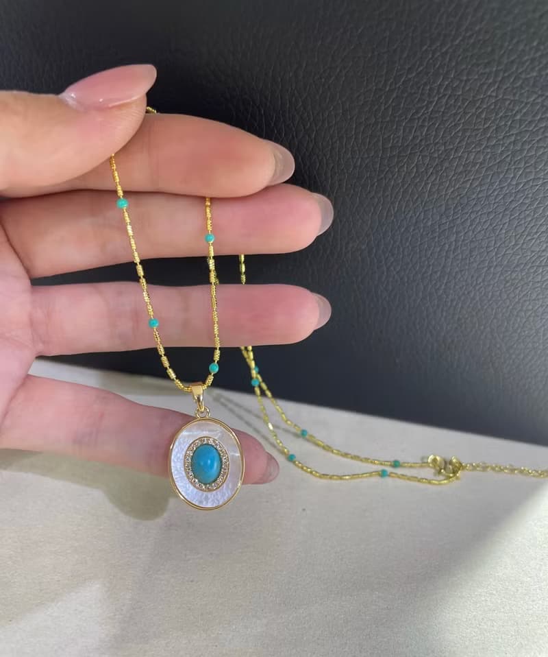 YuanPearl天然母貝鑲嵌綠松石設計項鍊18k包金材質項鍊
