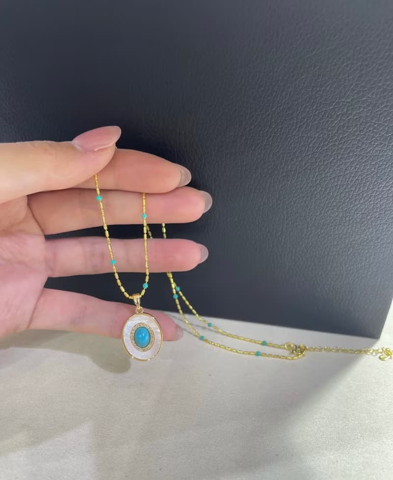 YuanPearl天然母貝鑲嵌綠松石設計項鍊18k包金材質項鍊