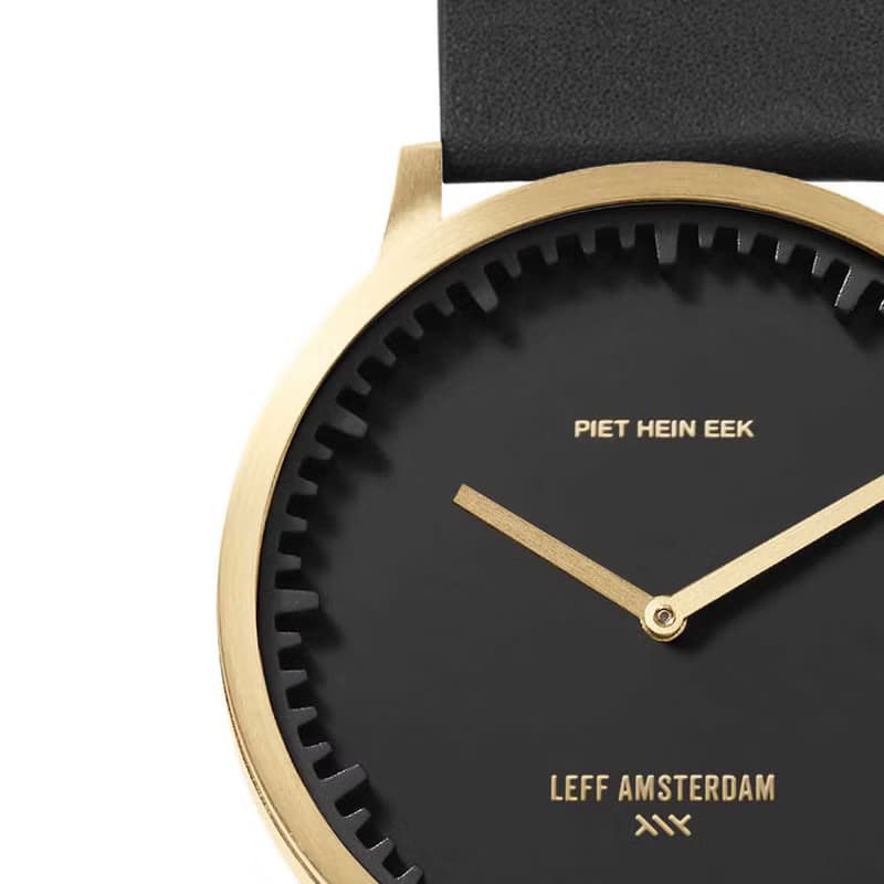 LEFF Amsterdam北歐工業齒輪設計真皮腕錶40mm黃銅金x黑皮革錶帶