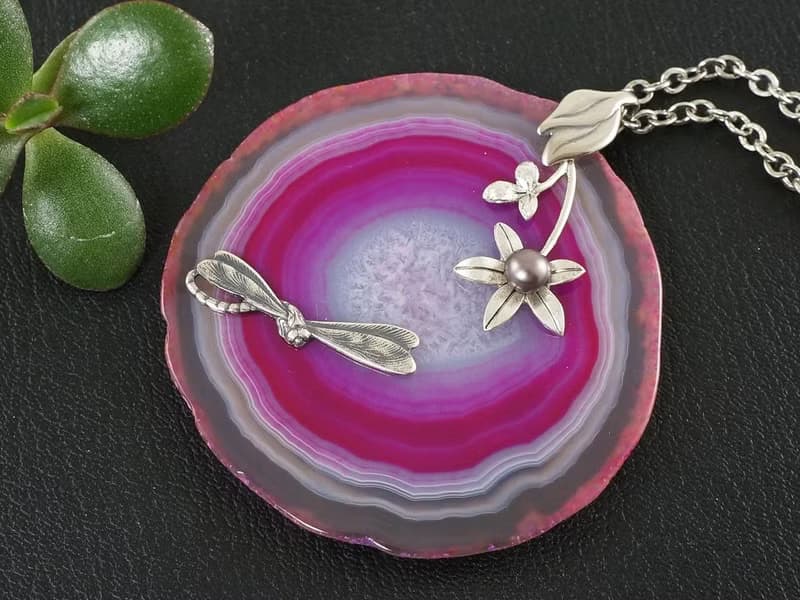 Pink Fuchsia Agate Slice Slab Silver Flower Dragonfly Pendant Necklace Jewelry